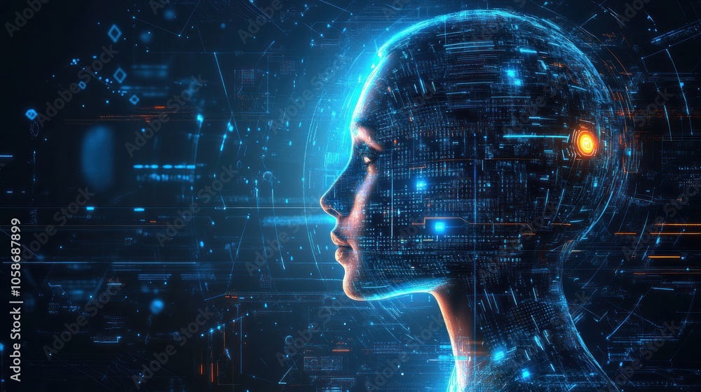 Poster a digital representation of a human head composed of glowing lines and data, symbolizing artificial 