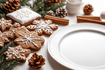 Fototapeta premium Delightful table setup featuring gingerbread cookies shaped like presents, snowflakes, and reindeer, complemented by evergreen branches and cinnamon sticks against a white background.
