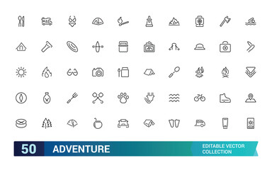 Adventure icon collection. Featuring travel, exploration, nature, hiking, backpacking, and more. Minimal line vector icons set. Vector illustration.