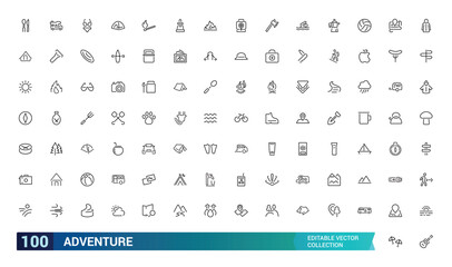Adventure icon collection. Featuring travel, exploration, nature, hiking, backpacking, and more. Minimal line vector icons set. Vector illustration.