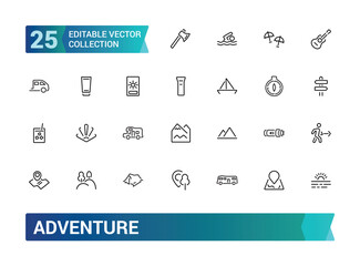 Adventure icon collection. Featuring travel, exploration, nature, hiking, backpacking, and more. Minimal line vector icons set. Vector illustration.