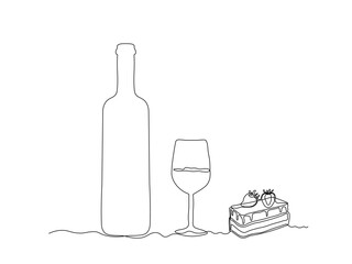 Glass bottle with wine,port, alcohol. wine glass, cake,dessert, continuous single line art drawing sketch, logo