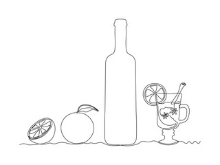 Glass bottle with wine,port, alcohol. wine glass, mulled wine, orange , continuous single line art drawing sketch, logo