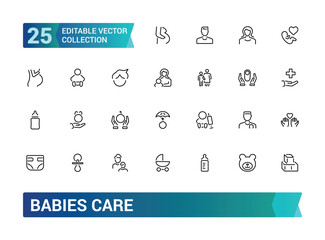 Babies care icon collection. Featuring diaper, feeding, safety, baby products, parenting, and more. Minimal line vector icons set. Vector illustration.