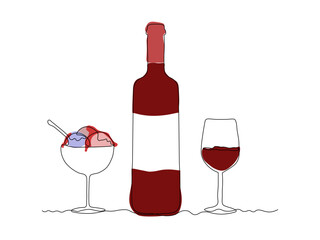 Glass bottle with wine,port, alcohol. wine glass, ice cream,dessert, continuous single line art drawing sketch, logo