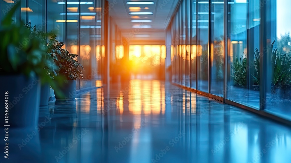Poster blurred office space with glass door and meeting room in the background, creating soft bokeh effect