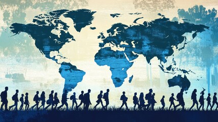 A silhouette of a group of people walking in front of a world map with a grunge effect.