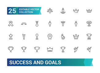 Success and Goals Icon Set. Containing target, achievement, progress, trophy, winner, and more. Minimal and modern line vector icons.