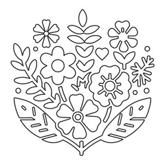 Minimalistic vector outline of flowers design for a coloring page, featuring delicate floral shapes and simple lines for an elegant, relaxing coloring experience. Perfect for adults and kids alike.