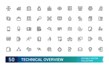 Technical Overview vector line icon set. Containing tech, line, cog, lens, overview, thin. Simple icon designs. Editable vector illustration.