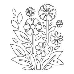 Minimalistic vector outline of flowers design for a coloring page, featuring delicate floral shapes and simple lines for an elegant, relaxing coloring experience. Perfect for adults and kids alike.