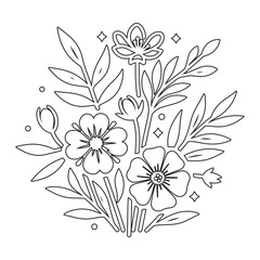 Minimalistic vector outline of flowers design for a coloring page, featuring delicate floral shapes and simple lines for an elegant, relaxing coloring experience. Perfect for adults and kids alike.