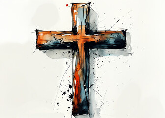 Bold abstract cross painted in vibrant colors with expressive splashes of ink