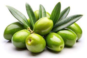 Obraz premium Fresh Green Olives with Leaves Isolated on White Background for Culinary and Health Imagery
