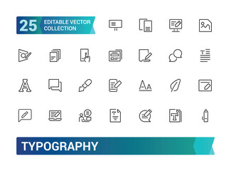 Typography icon set. Containing font, letters, alphabet, text, design, typesetting, layout, format, and more. Line vector icons collection. Vector illustration.