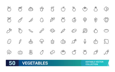 Vegetables icon collection. Related to carrot, tomato, potato, broccoli, spinach, salad, healthy food, nutrition, and more. Editable stroke. Vector illustration.