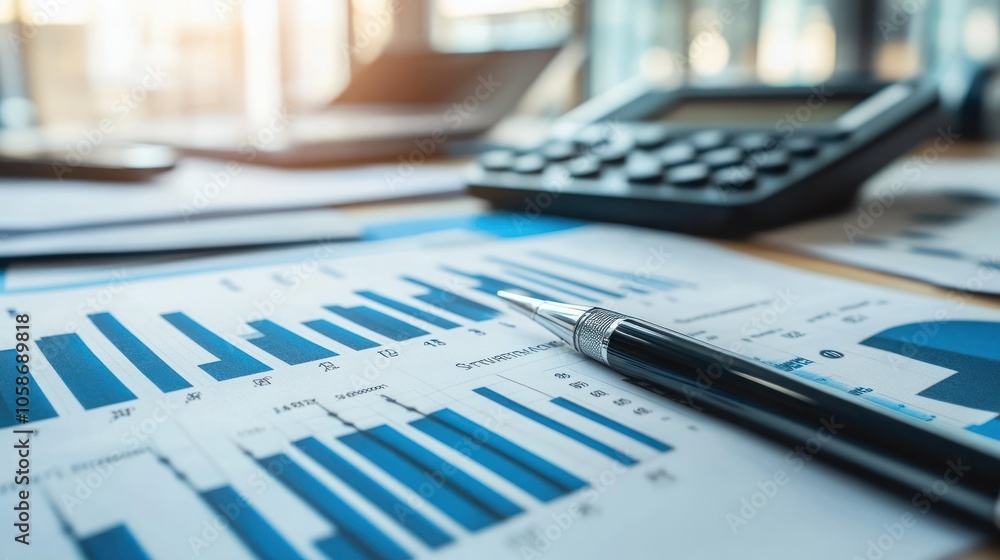 Poster a pen lies on a desk next to a financial report with bar graphs and a calculator in the background.