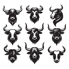 Set of Bull Head Illustrations in Black and White, Vector Graphic of Bull and Ox Heads with Horns, Farm Animal Icons for Logo and Tattoo Design
ai generated
