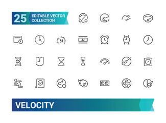 Velocity icon set. Containing speed, acceleration, momentum, rate, force, motion, velocity, physics, and more. Line vector icons collection. Vector illustration.