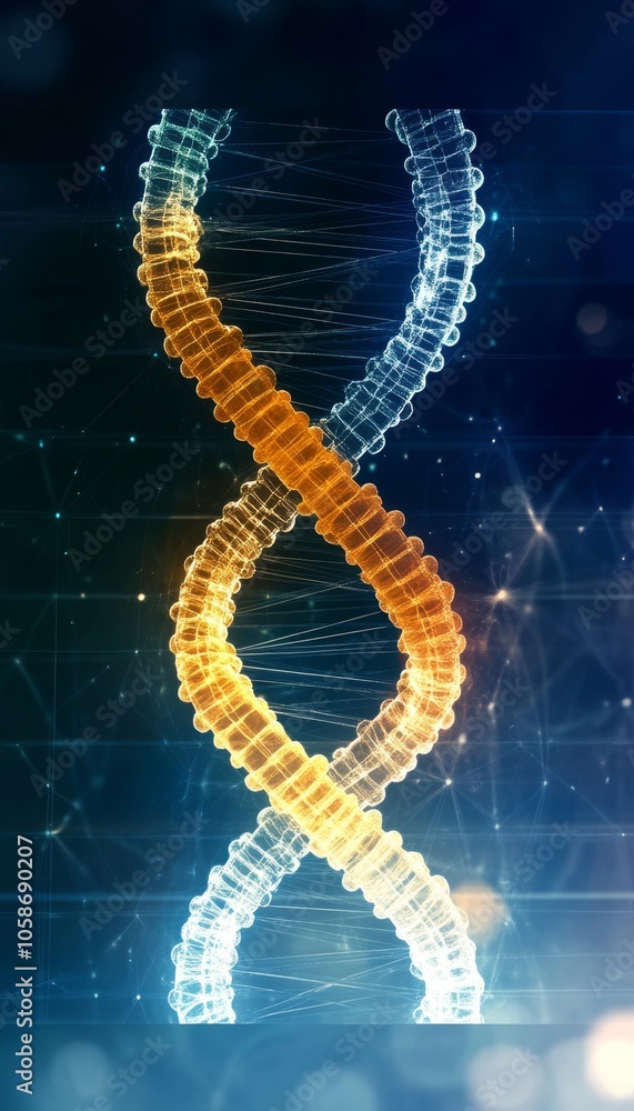 Poster abstract, glowing 3d rendered double helix dna structure on a blue background with light particles