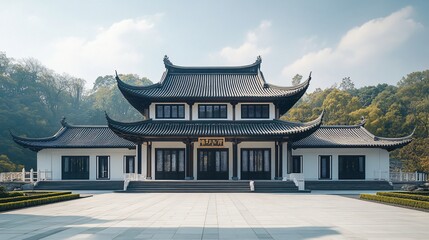 Traditional Chinese Architecture with Platform, Road, and Parking Area on Brick Surface for Automotive Advertisement Featuring Blank Background