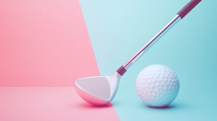A white golf ball and a golf club on a pink and blue background.