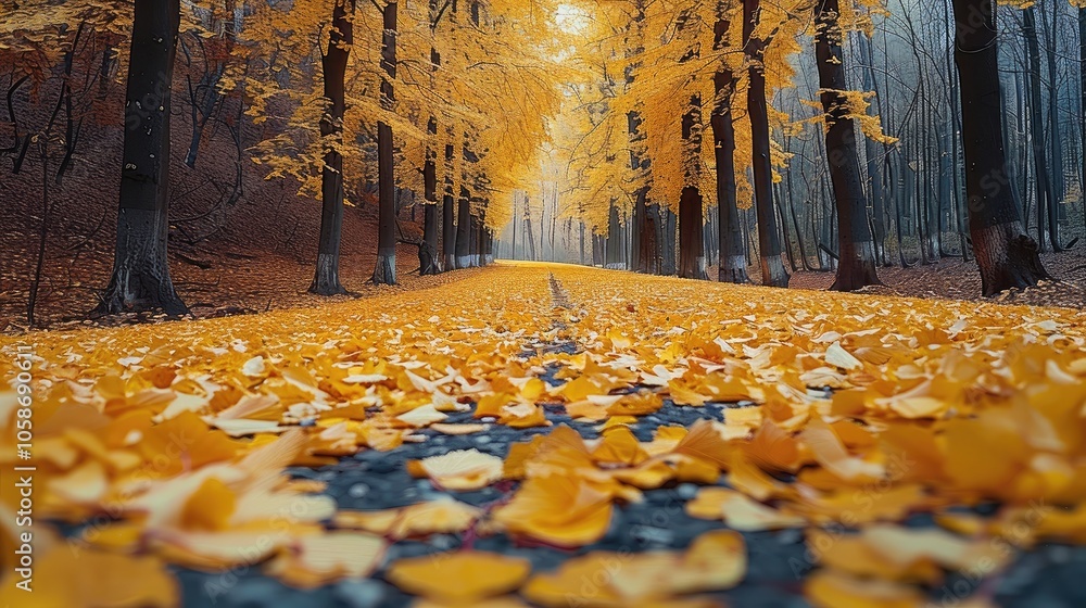 Poster in autumn, winding paths, the leaves on both sides of the path turn yellow and gold. an ancient fore