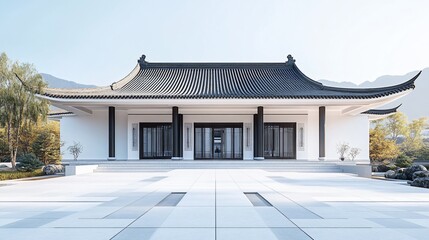 Traditional Chinese Architecture with Platform, Road, and Parking Area on Brick Surface for Automotive Advertisement Featuring Blank Background
