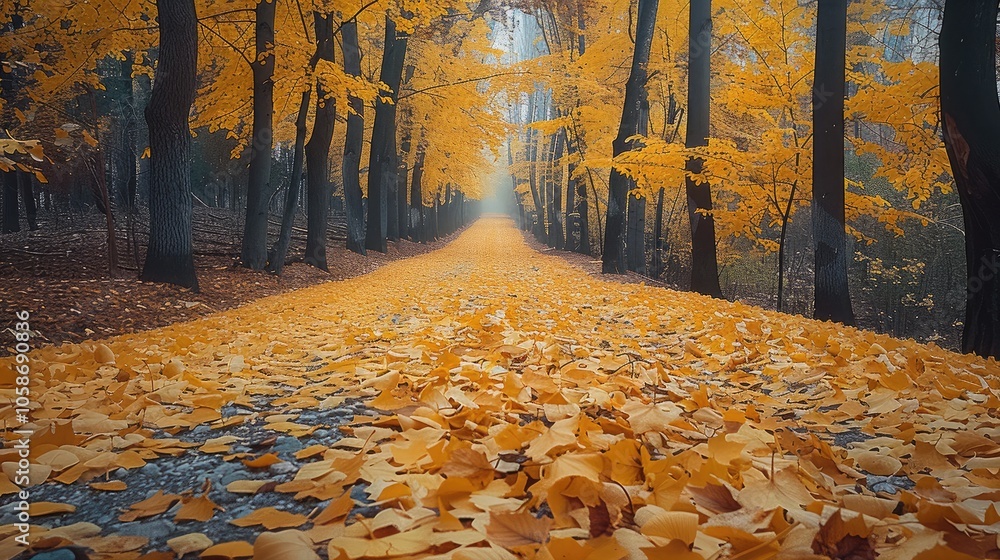 Poster in autumn, winding paths, the leaves on both sides of the path turn yellow and gold. an ancient fore