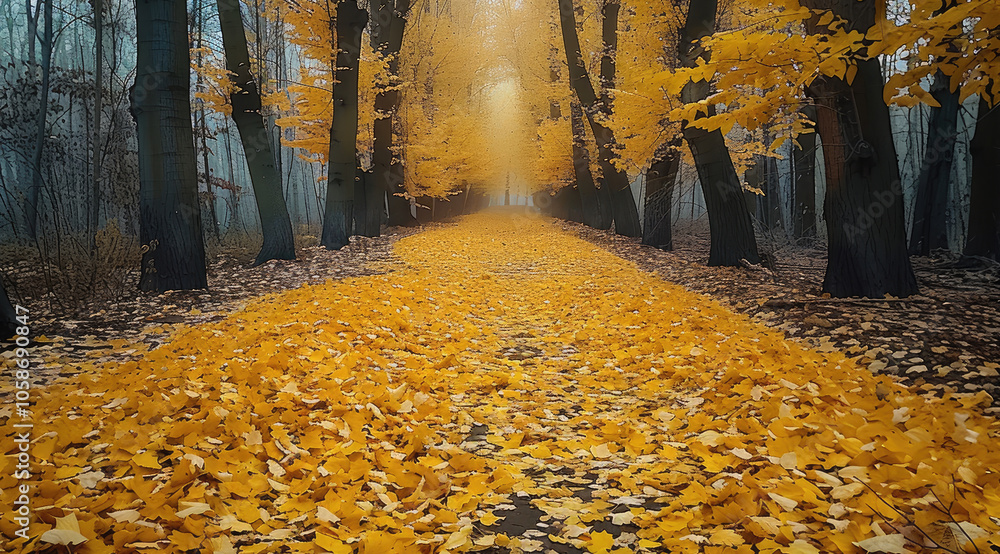 Poster in autumn, winding paths, the leaves on both sides of the path turn yellow and gold. an ancient fore