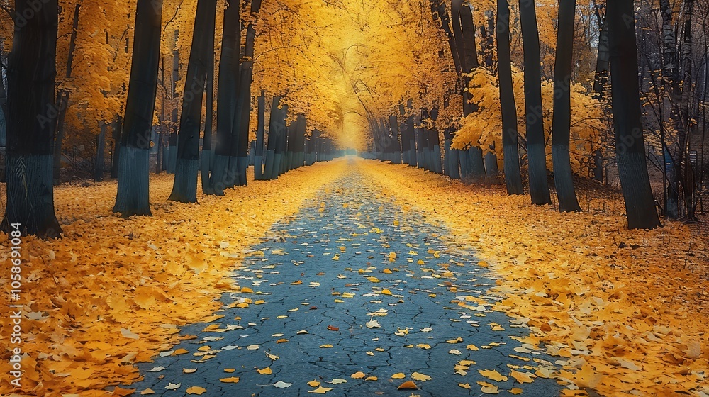 Poster in autumn, winding paths, the leaves on both sides of the path turn yellow and gold. an ancient fore