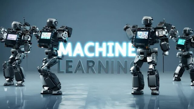 Three robots are standing in front of a blue background with the words Machine Learning written in white. The robots are wearing backpacks and appear to be fighting each other