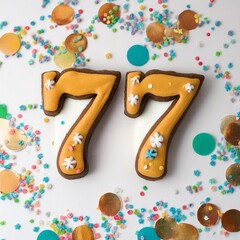 Naklejka premium Decorated cookie, number 77, image for birthday or anniversary celebration