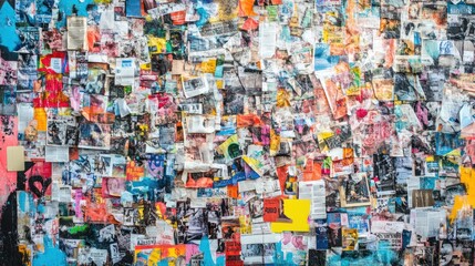 A wall covered in colorful, overlapping posters and flyers.