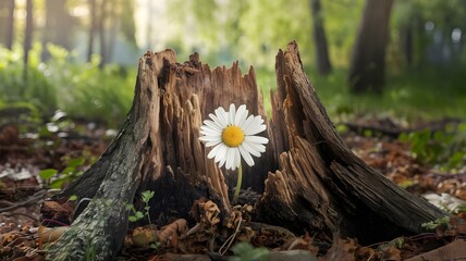 Symbol of Resilience: A Bright Daisy Blooms from a Rustic Tree Stump in the Heart of a Lush Forest, Representing Hope and New Beginnings