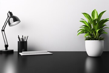 Minimalist Desk Setup with Green Plant and Black Lamp