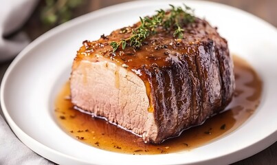 A gourmet presentation of baked lamb with honey and thyme sauce, Generative AI