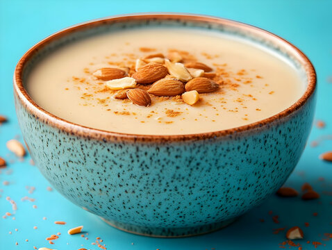 Photo Creamy Almond Dessert in a Blue Bowl