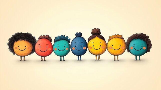 Cartoon illustration of happy faces from diverse ethnicities standing together in row