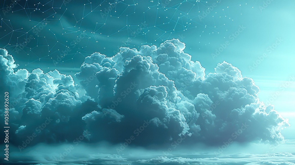 Poster data storage in the cloud, futuristic minimal style.