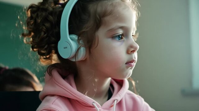 Young girl in a classroom, wearing pink hoodie and headphones sitting at a desk and looking focused, soft lighting, educational setting