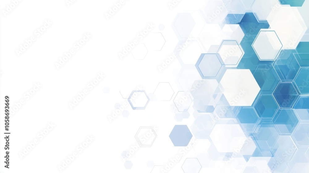 Poster abstract background with hexagonal shapes in shades of blue on a white background.
