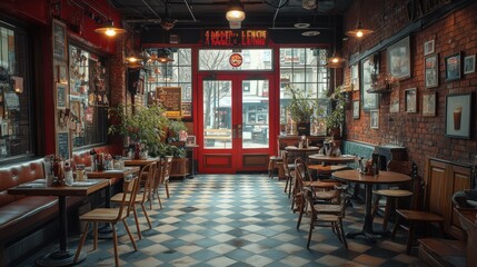 Fototapeta premium Empty interior of a retro diner with red doors, checkered floors, and wood tables and chairs.