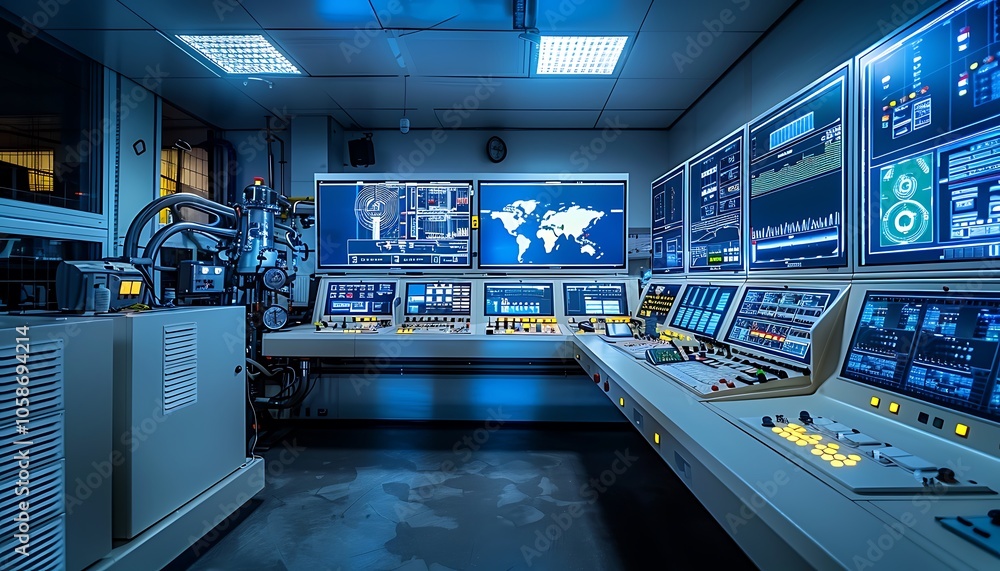 Poster a high-tech control room with multiple screens displaying data, maps, and monitoring tools, illumina