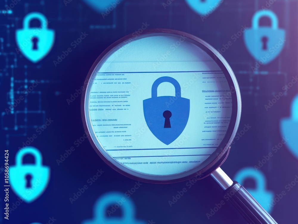 Poster a conceptual image featuring a magnifying glass focusing on a blue padlock symbolizing cybersecurity
