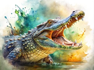 Ferocious Crocodile Charges in Watercolor Style - Dynamic Wildlife Photography Capturing Nature's Power, Animal Behavior, and Vivid Colorful Artistry for Enthusiasts