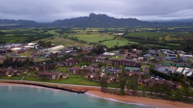 Aerial view of Kapaa Beach Park. Top View of kappa beach in Kauai Hawaii. beautiful beach with coconut palms in tropical island, Kauai Hawaii. Hawaiian Summer vacation tropical beach concept.