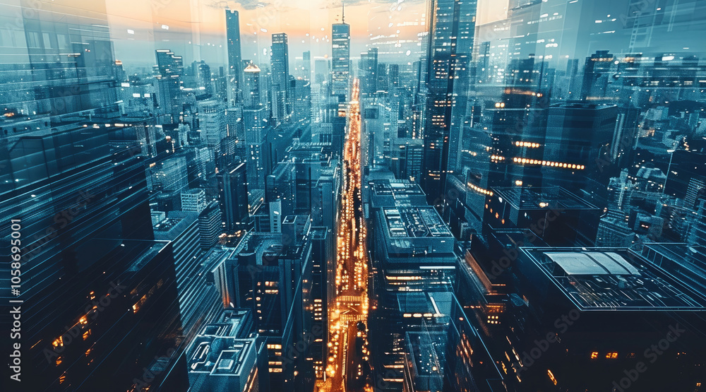 Aufkleber city of technology, capturing the essence of connectivity and digital networks in an evolving urban 
