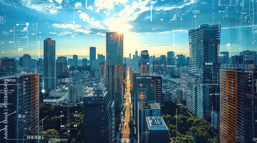 Aufkleber city of technology, capturing the essence of connectivity and digital networks in an evolving urban 