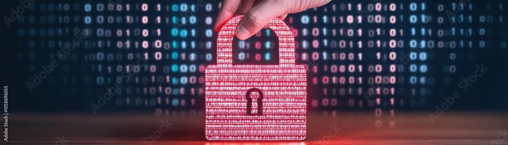 Poster a digital lock symbolizing cybersecurity, showcasing data protection and safety in a modern tech env